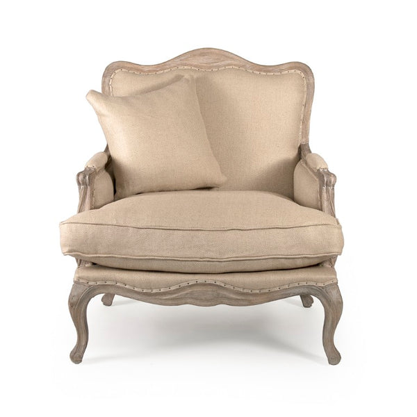 Zentique Belmont Club Chair with Solid Oak Frame, Linen-Blend Upholstery, Supportive Foam Comfort, Rustic Elegance Limed Grey Oak, Hemp Linen, Burlap CFH111 E272 Jute H009