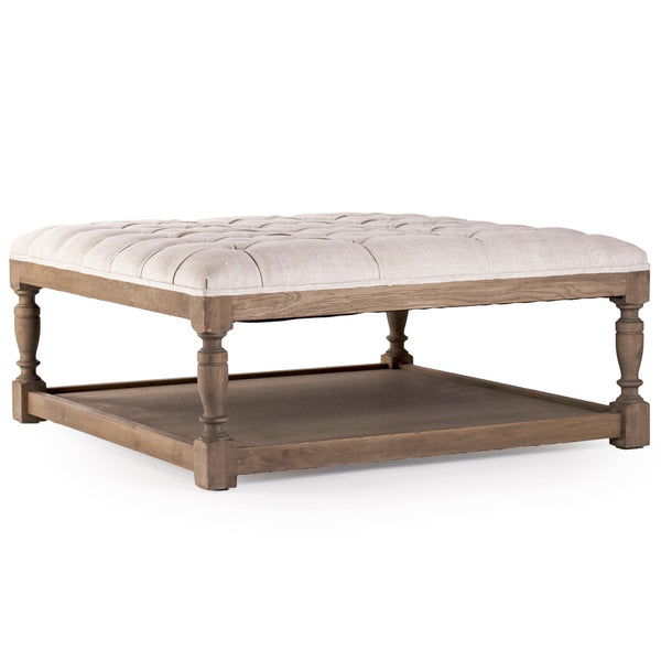 Square Tufted Ottoman Reclaimed Oak, Cream Natural Linen CFH136 E255-3 A015-A Zentique