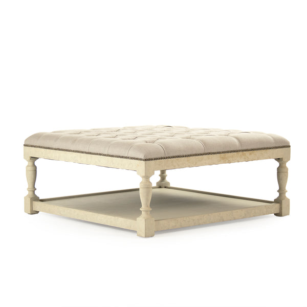 Square Tufted Ottoman Distressed Ivory Birch, Natural Linen CFH136-Z 309 A003 Zentique