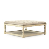 Square Tufted Ottoman Distressed Ivory Birch, Natural Linen CFH136-Z 309 A003 Zentique