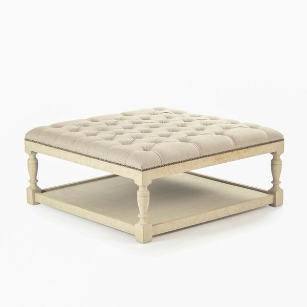 Square Tufted Ottoman Distressed Ivory Birch, Natural Linen CFH136-Z 309 A003 Zentique