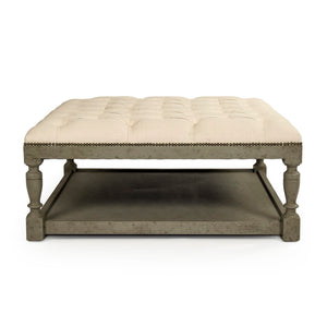 Square Tufted Ottoman Faux Olive Green Birch, Cream Linen CFH136-Z 432 C020 Zentique