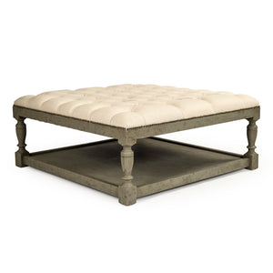 Square Tufted Ottoman Faux Olive Green Birch, Cream Linen CFH136-Z 432 C020 Zentique