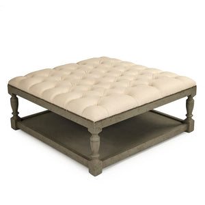 Square Tufted Ottoman Faux Olive Green Birch, Cream Linen CFH136-Z 432 C020 Zentique