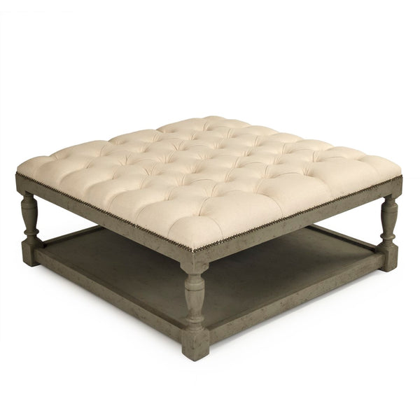 Square Tufted Ottoman Faux Olive Green Birch, Cream Linen CFH136-Z 432 C020 Zentique