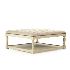 Zentique Square Tufted Ottoman with Solid Birch Frame, Linen Upholstery, Versatile Seating & Coffee Table Alternative Distressed Ivory Birch, Natural Linen CFH136-Z 309 A003