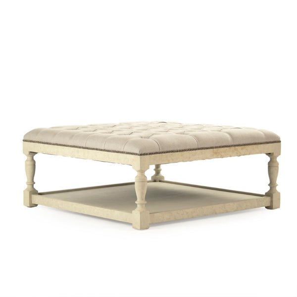 Zentique Square Tufted Ottoman with Solid Birch Frame, Linen Upholstery, Versatile Seating & Coffee Table Alternative Distressed Ivory Birch, Natural Linen CFH136-Z 309 A003