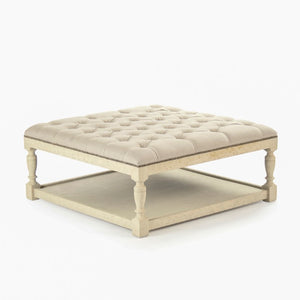 Zentique Square Tufted Ottoman with Solid Birch Frame, Linen Upholstery, Versatile Seating & Coffee Table Alternative Distressed Ivory Birch, Natural Linen CFH136-Z 309 A003