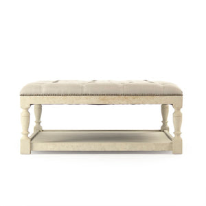 Zentique Square Tufted Ottoman with Solid Birch Frame, Linen Upholstery, Versatile Seating & Coffee Table Alternative Distressed Ivory Birch, Natural Linen CFH136-Z 309 A003
