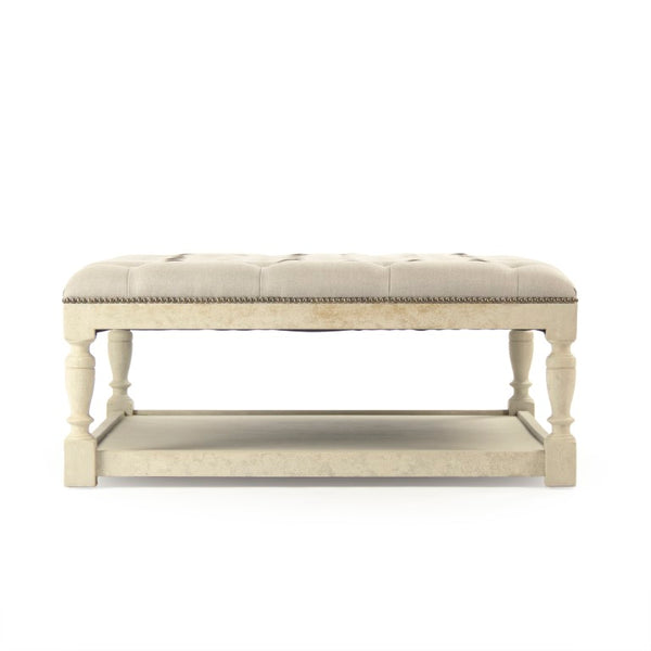 Zentique Square Tufted Ottoman with Solid Birch Frame, Linen Upholstery, Versatile Seating & Coffee Table Alternative Distressed Ivory Birch, Natural Linen CFH136-Z 309 A003