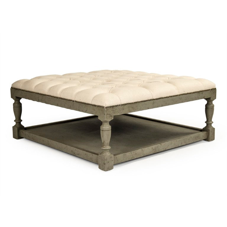 Zentique Square Tufted Ottoman with Solid Birch Frame, Linen Upholstery, Versatile Seating & Coffee Table Alternative Faux Olive Green Birch, Cream Linen CFH136-Z 432 C020