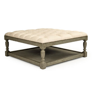 Zentique Square Tufted Ottoman with Solid Birch Frame, Linen Upholstery, Versatile Seating & Coffee Table Alternative Faux Olive Green Birch, Cream Linen CFH136-Z 432 C020
