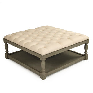 Zentique Square Tufted Ottoman with Solid Birch Frame, Linen Upholstery, Versatile Seating & Coffee Table Alternative Faux Olive Green Birch, Cream Linen CFH136-Z 432 C020