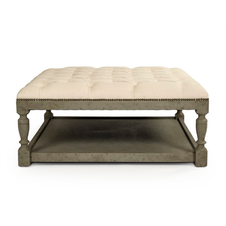 Zentique Square Tufted Ottoman with Solid Birch Frame, Linen Upholstery, Versatile Seating & Coffee Table Alternative Faux Olive Green Birch, Cream Linen CFH136-Z 432 C020