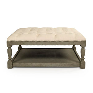 Zentique Square Tufted Ottoman with Solid Birch Frame, Linen Upholstery, Versatile Seating & Coffee Table Alternative Faux Olive Green Birch, Cream Linen CFH136-Z 432 C020