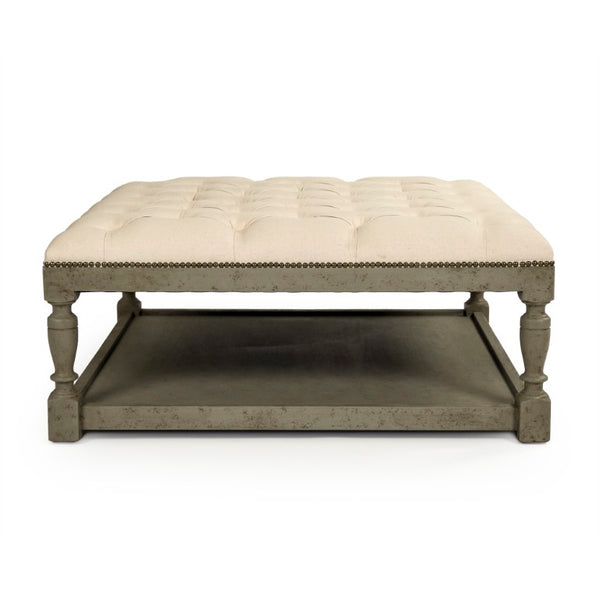 Zentique Square Tufted Ottoman with Solid Birch Frame, Linen Upholstery, Versatile Seating & Coffee Table Alternative Faux Olive Green Birch, Cream Linen CFH136-Z 432 C020