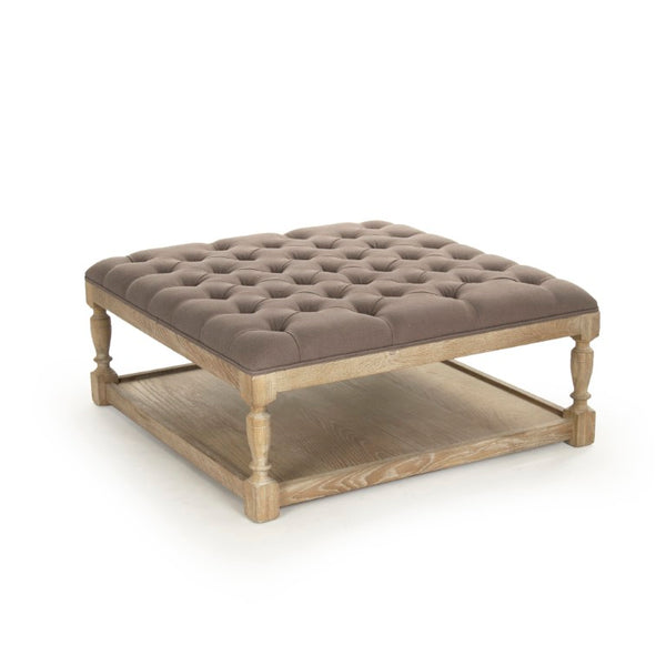 Zentique Square Tufted Ottoman: Linen-Upheld Button Top with Solid Oak Legs for Seating, Footrest, Versatile Surface Limed Grey Oak, Aubergine Linen CFH136-Z E272 A008