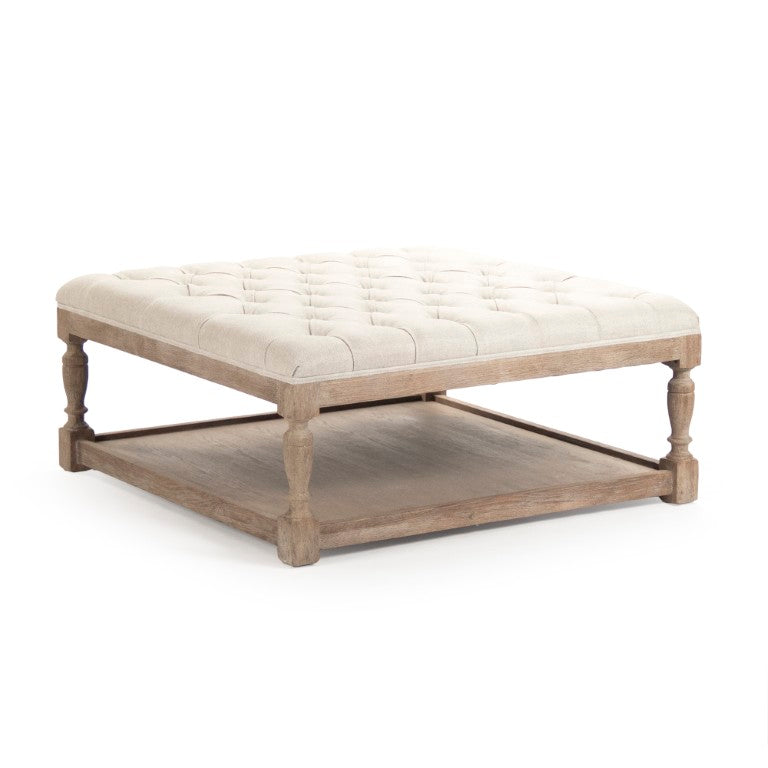 Zentique Square Tufted Ottoman with Oak Frame and Linen Upholstery | Versatile Coffee Table, Seat, Footrest Limed Grey Oak, Cream Natural Linen CFH136-Z E272 A015-A