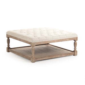 Zentique Square Tufted Ottoman with Oak Frame and Linen Upholstery | Versatile Coffee Table, Seat, Footrest Limed Grey Oak, Cream Natural Linen CFH136-Z E272 A015-A