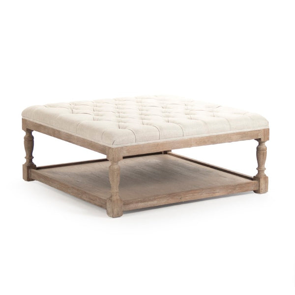 Zentique Square Tufted Ottoman with Oak Frame and Linen Upholstery | Versatile Coffee Table, Seat, Footrest Limed Grey Oak, Cream Natural Linen CFH136-Z E272 A015-A