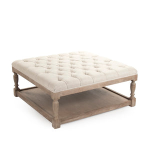 Zentique Square Tufted Ottoman with Oak Frame and Linen Upholstery | Versatile Coffee Table, Seat, Footrest Limed Grey Oak, Cream Natural Linen CFH136-Z E272 A015-A