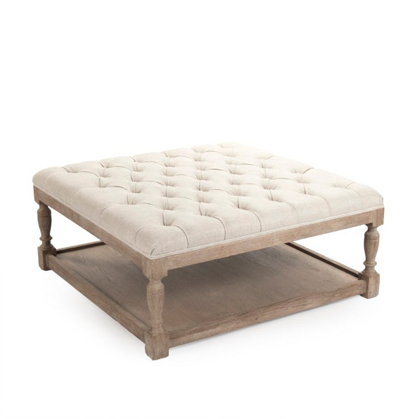 Zentique Square Tufted Ottoman with Oak Frame and Linen Upholstery | Versatile Coffee Table, Seat, Footrest Limed Grey Oak, Cream Natural Linen CFH136-Z E272 A015-A