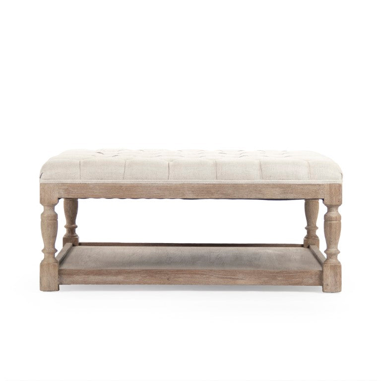 Zentique Square Tufted Ottoman with Oak Frame and Linen Upholstery | Versatile Coffee Table, Seat, Footrest Limed Grey Oak, Cream Natural Linen CFH136-Z E272 A015-A