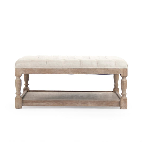Zentique Square Tufted Ottoman with Oak Frame and Linen Upholstery | Versatile Coffee Table, Seat, Footrest Limed Grey Oak, Cream Natural Linen CFH136-Z E272 A015-A