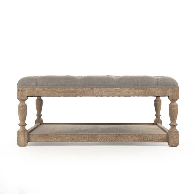 Zentique Square Tufted Ottoman: Linen-Upheld Button Top with Solid Oak Legs for Seating, Footrest, Versatile Surface Limed Grey Oak, Grey Linen CFH136-Z E272 A048