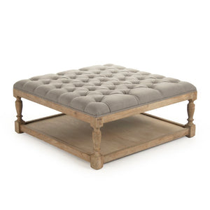 Zentique Square Tufted Ottoman: Linen-Upheld Button Top with Solid Oak Legs for Seating, Footrest, Versatile Surface Limed Grey Oak, Grey Linen CFH136-Z E272 A048