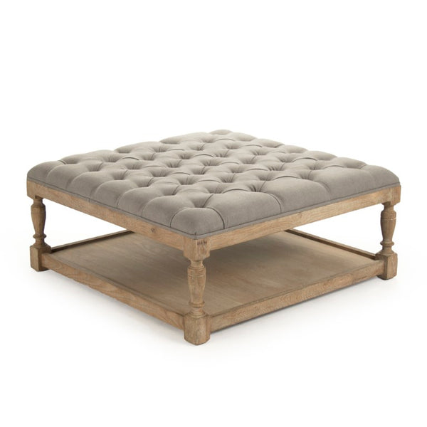 Zentique Square Tufted Ottoman: Linen-Upheld Button Top with Solid Oak Legs for Seating, Footrest, Versatile Surface Limed Grey Oak, Grey Linen CFH136-Z E272 A048