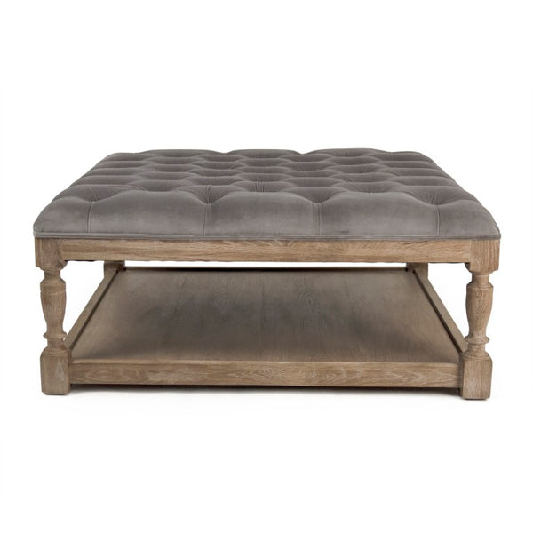 Zentique Square Tufted Ottoman with Velvet Upholstery and Oak Frame — Multifunctional Seat, Footrest, Coffee Table Alternative Limed Grey Oak, Grey Velvet CFH136-Z E272 V072