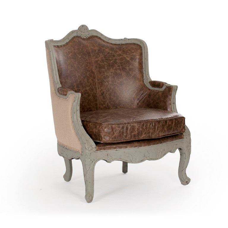 Zentique Adele Mid-Century Love Chair with Top-Grain Leather, Solid Birch Frame, Burlap Detail, Compact Comfort CFH198 432 CP035 Jute