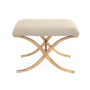 Zentique Amara Linen-Upheld Bench with Metal Frame — Compact Modern Entryway Seat, Cushioned Accent Piece Gold Leaf on Metal, Natural Linen CFH430 A003