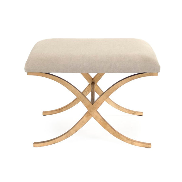 Zentique Amara Linen-Upheld Bench with Metal Frame — Compact Modern Entryway Seat, Cushioned Accent Piece Gold Leaf on Metal, Natural Linen CFH430 A003