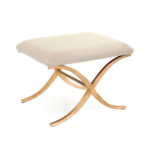 Zentique Amara Linen-Upheld Bench with Metal Frame — Compact Modern Entryway Seat, Cushioned Accent Piece Gold Leaf on Metal, Natural Linen CFH430 A003