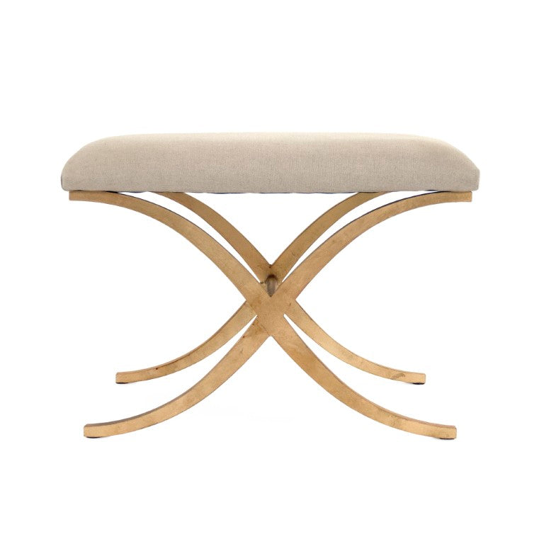 Zentique Amara Linen-Upheld Bench with Metal Frame — Compact Modern Entryway Seat, Cushioned Accent Piece Gold Leaf on Metal, Natural Linen CFH430 A003