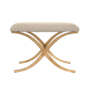 Zentique Amara Linen-Upheld Bench with Metal Frame — Compact Modern Entryway Seat, Cushioned Accent Piece Gold Leaf on Metal, Natural Linen CFH430 A003