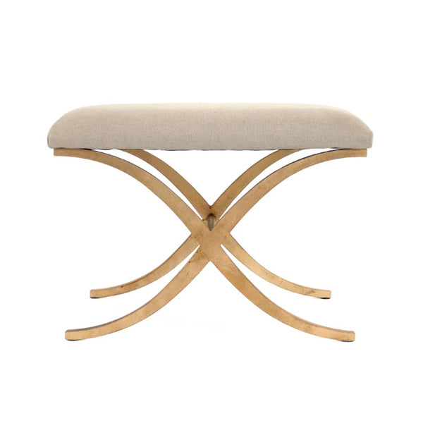 Zentique Amara Linen-Upheld Bench with Metal Frame — Compact Modern Entryway Seat, Cushioned Accent Piece Gold Leaf on Metal, Natural Linen CFH430 A003