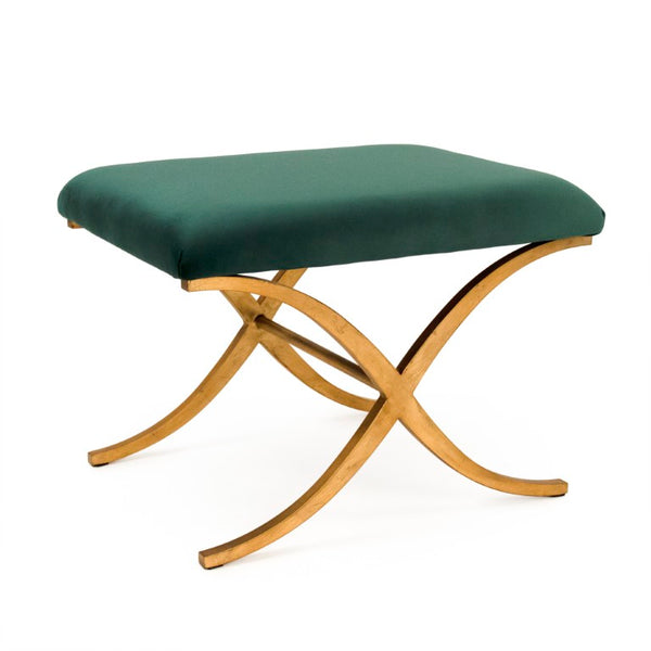 Zentique Amara Linen-Upheld Bench with Metal Frame — Compact Modern Entryway Seat, Cushioned Accent Piece Gold Leaf on Metal, Blue Velvet CFH430 E272 V093