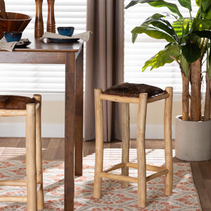 Bali & Pari Rivera Goat Leather Backless Counterstool with Solid Teak Wood Frame