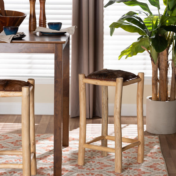 Bali & Pari Rivera Goat Leather Backless Counterstool with Solid Teak Wood Frame