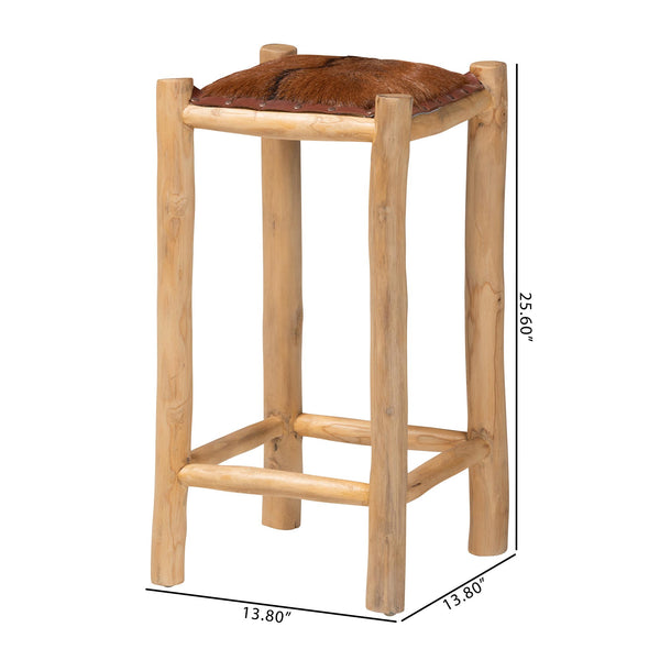 Bali & Pari Rivera Goat Leather Backless Counterstool with Solid Teak Wood Frame