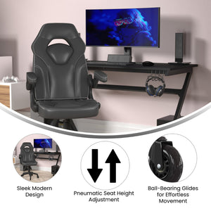 English Elm X10 Gaming Chair Ergonomic Racing Office Chair with Flip-Up Arms, Transparent Roller Wheels & Adjustable Height Black CH-00095-BK-RLB-GG