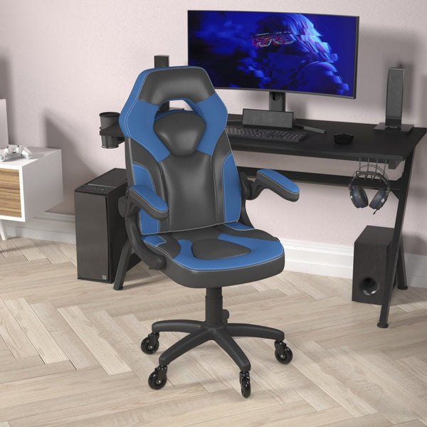 English Elm X10 Gaming Chair Ergonomic Racing Office Chair with Flip-Up Arms, Transparent Roller Wheels & Adjustable Height Blue CH-00095-BL-RLB-GG