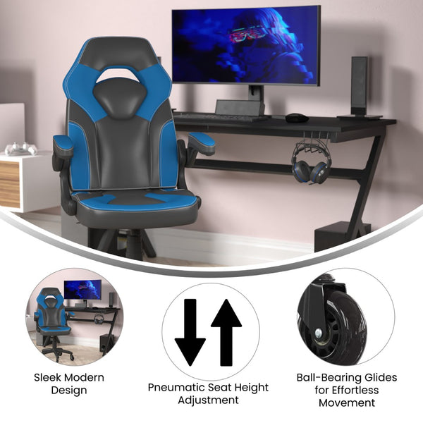 English Elm X10 Gaming Chair Ergonomic Racing Office Chair with Flip-Up Arms, Transparent Roller Wheels & Adjustable Height Blue CH-00095-BL-RLB-GG