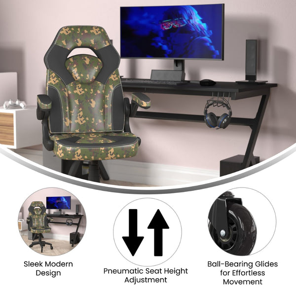 English Elm X10 Gaming Chair Ergonomic Racing Office Chair with Flip-Up Arms, Transparent Roller Wheels & Adjustable Height Camouflage CH-00095-CAM-RLB-GG