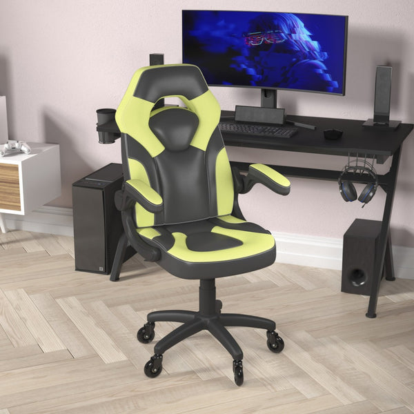 English Elm X10 Gaming Chair Ergonomic Racing Office Chair with Flip-Up Arms, Transparent Roller Wheels & Adjustable Height Neon Green CH-00095-GN-RLB-GG
