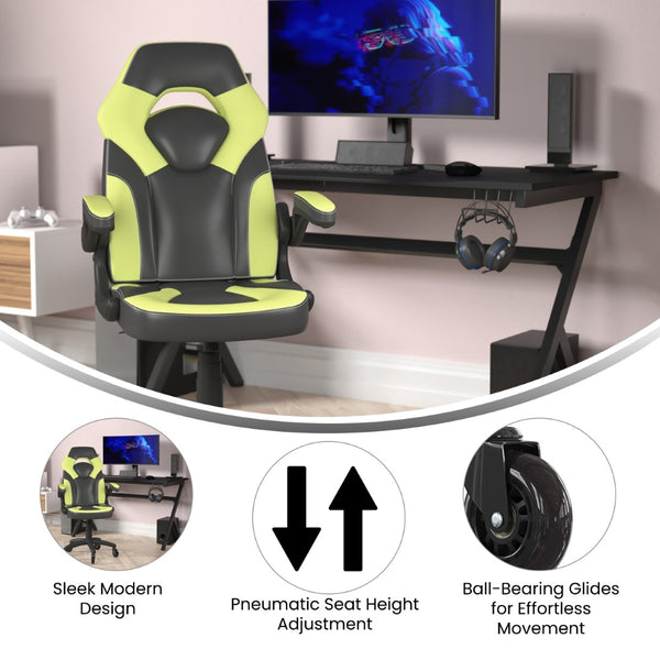 English Elm X10 Gaming Chair Ergonomic Racing Office Chair with Flip-Up Arms, Transparent Roller Wheels & Adjustable Height Neon Green CH-00095-GN-RLB-GG