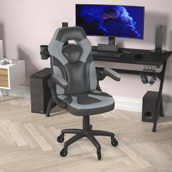 English Elm X10 Gaming Chair Ergonomic Racing Office Chair with Flip-Up Arms, Transparent Roller Wheels & Adjustable Height Gray CH-00095-GY-RLB-GG